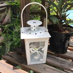 Mini White Metal Tea Light Lantern with Bird & Plumes Motif